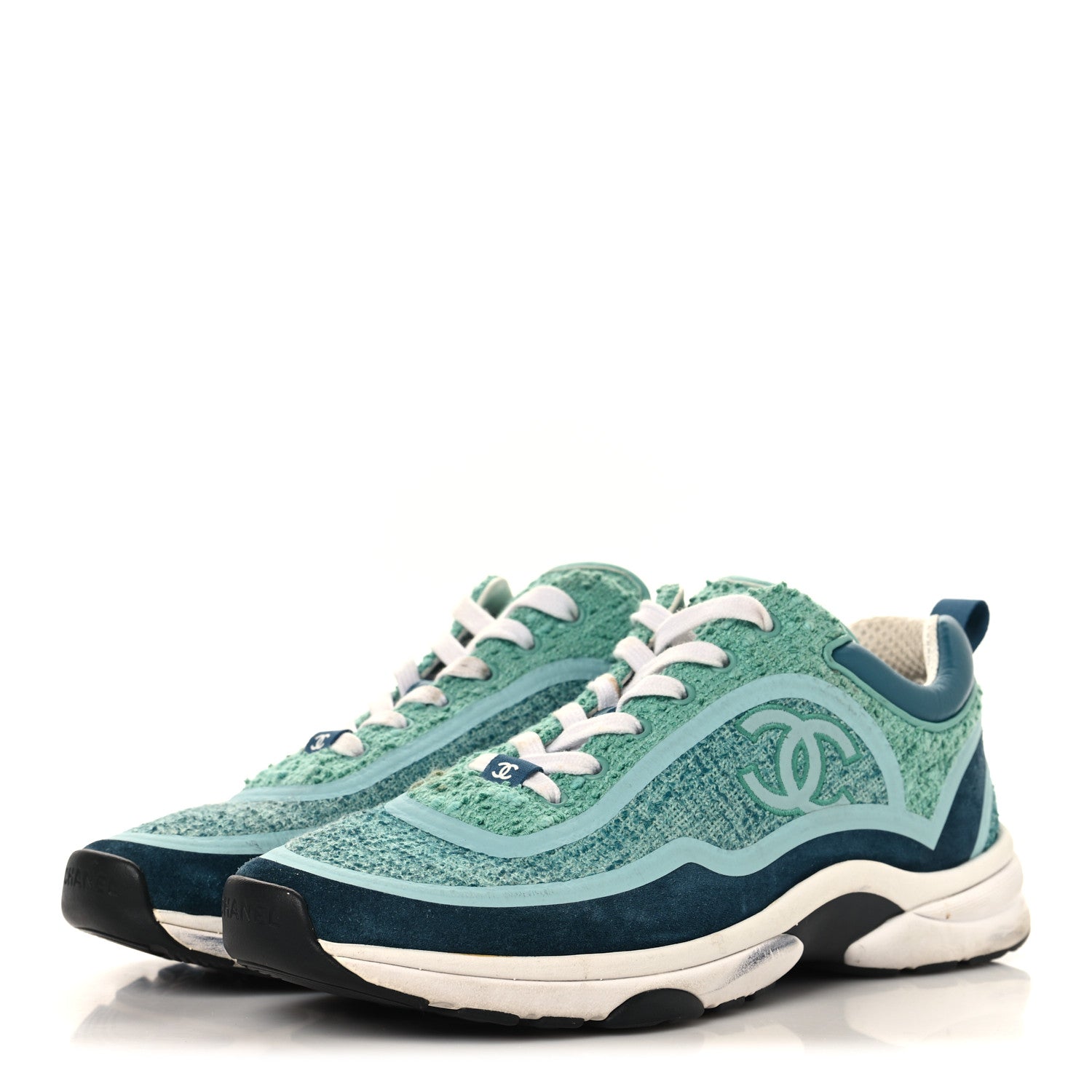Chanel Tweed Suede Calfskin CC Sneakers 41 Green Navy 4 of 9