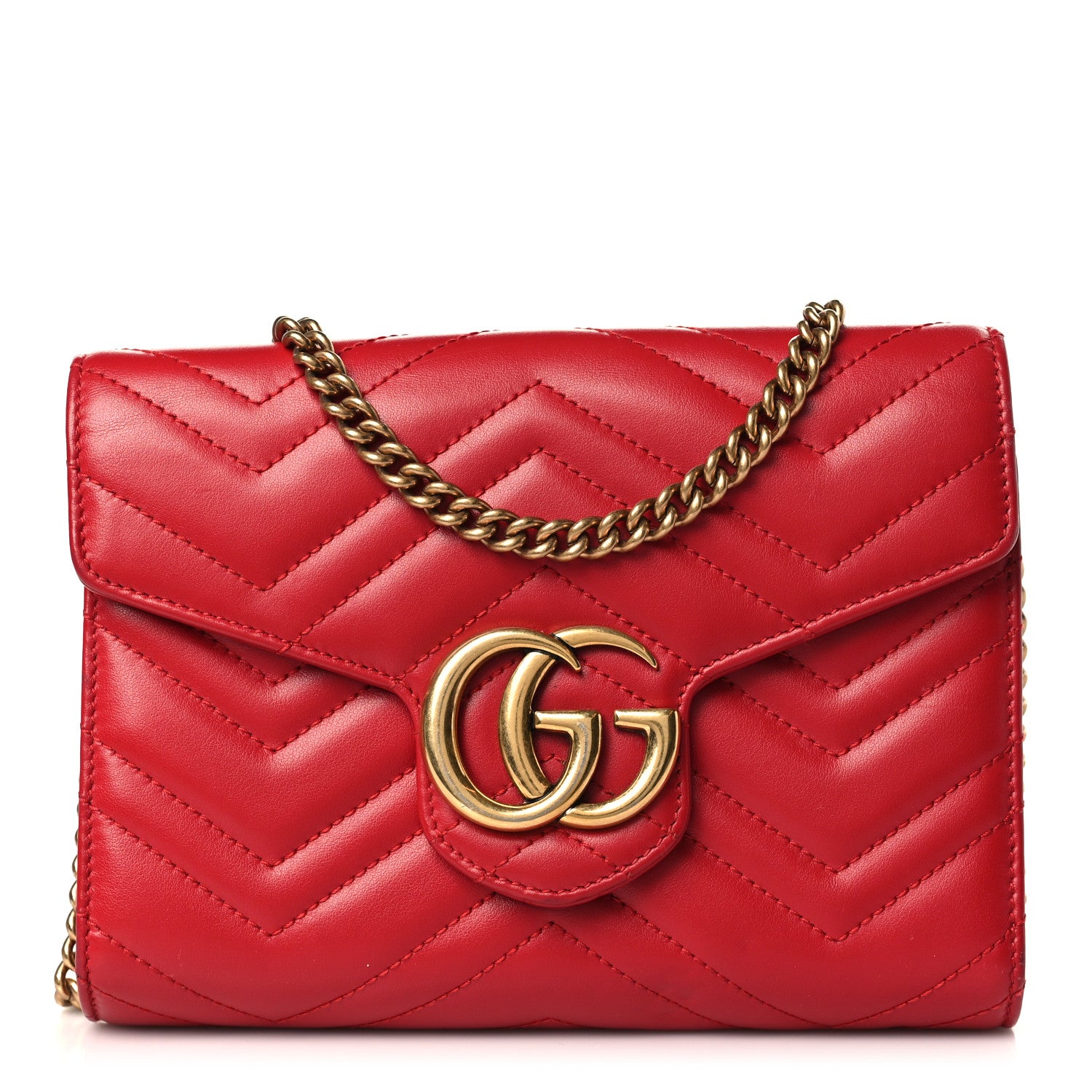 Gucci Calfskin Matelasse GG Marmont Chain Wallet Hibiscus Red 1 of 9