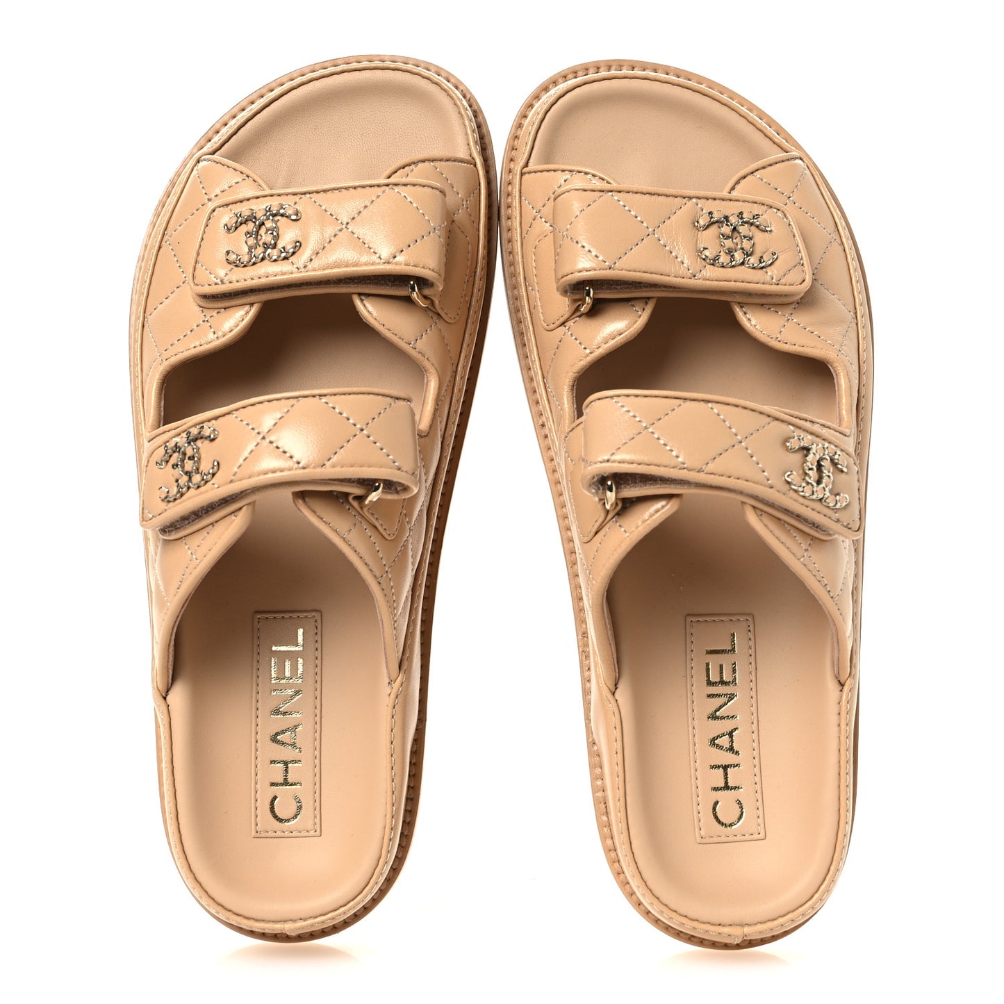 Lambskin Quilted Velcro Dad Chain CC Slide Sandals 37 Beige