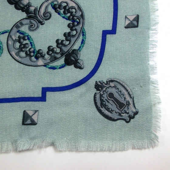 Hermes Cashmere Silk Keys Les Cles Fringed Scarf Bleu 90 4 of 5