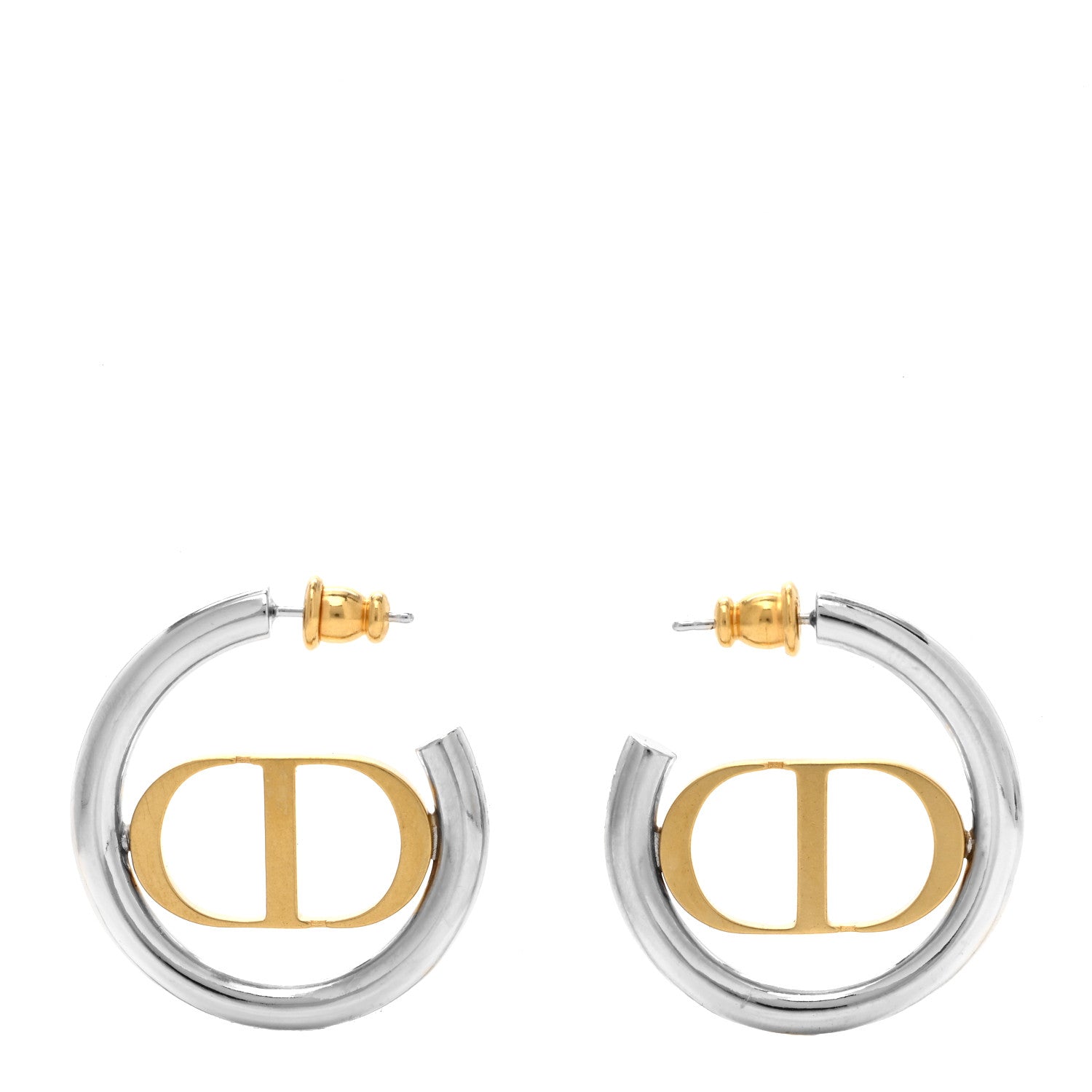 Christian Dior Metal 30 Montaigne Two Tone Hoop Earrings Gold Silver 1 of 4