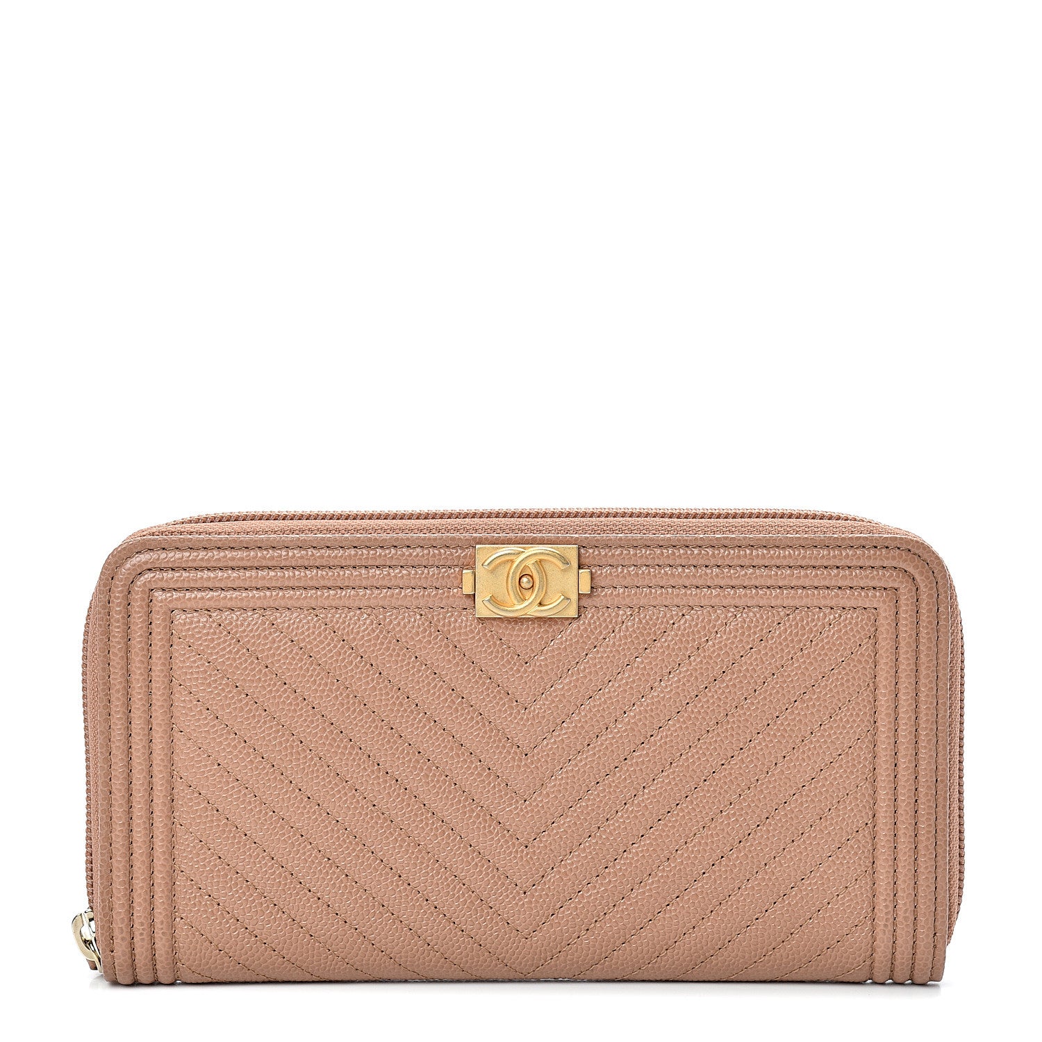 Chanel Caviar Chevron Quilted Zip Around Boy Wallet Light Brown 1 of 8