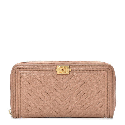 Chanel Caviar Chevron Quilted Zip Around Boy Wallet Light Brown 1 of 8