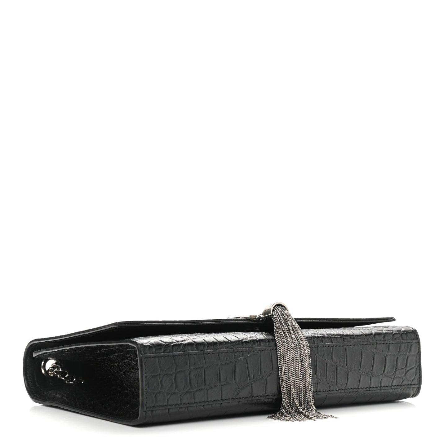 Calfskin Crocodile Embossed Medium Classic Monogram Kate Tassel Satchel Black