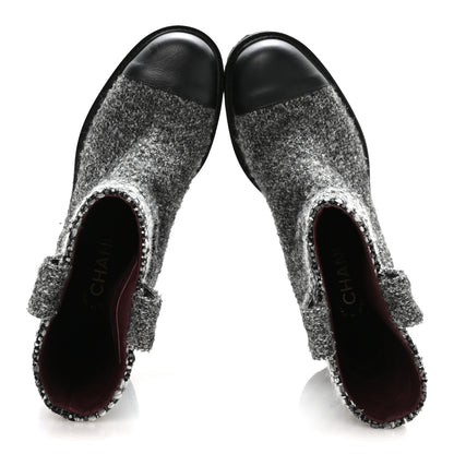 Chanel Wool Tweed CC Cap Toe Ankle Boots 38.5 Black Grey 2 of 8