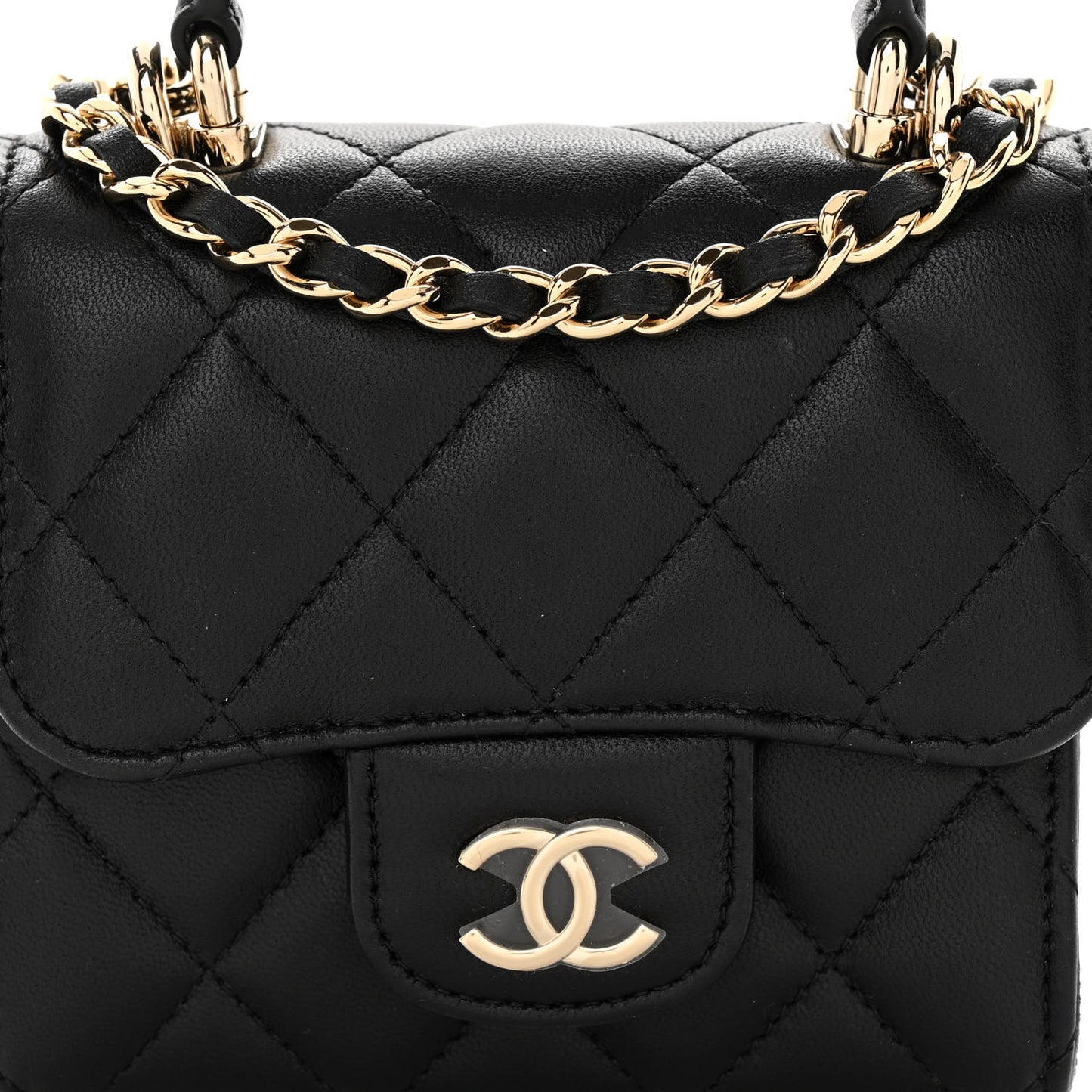 Lambskin Quilted Top Handle Flap Clutch With Chain Black