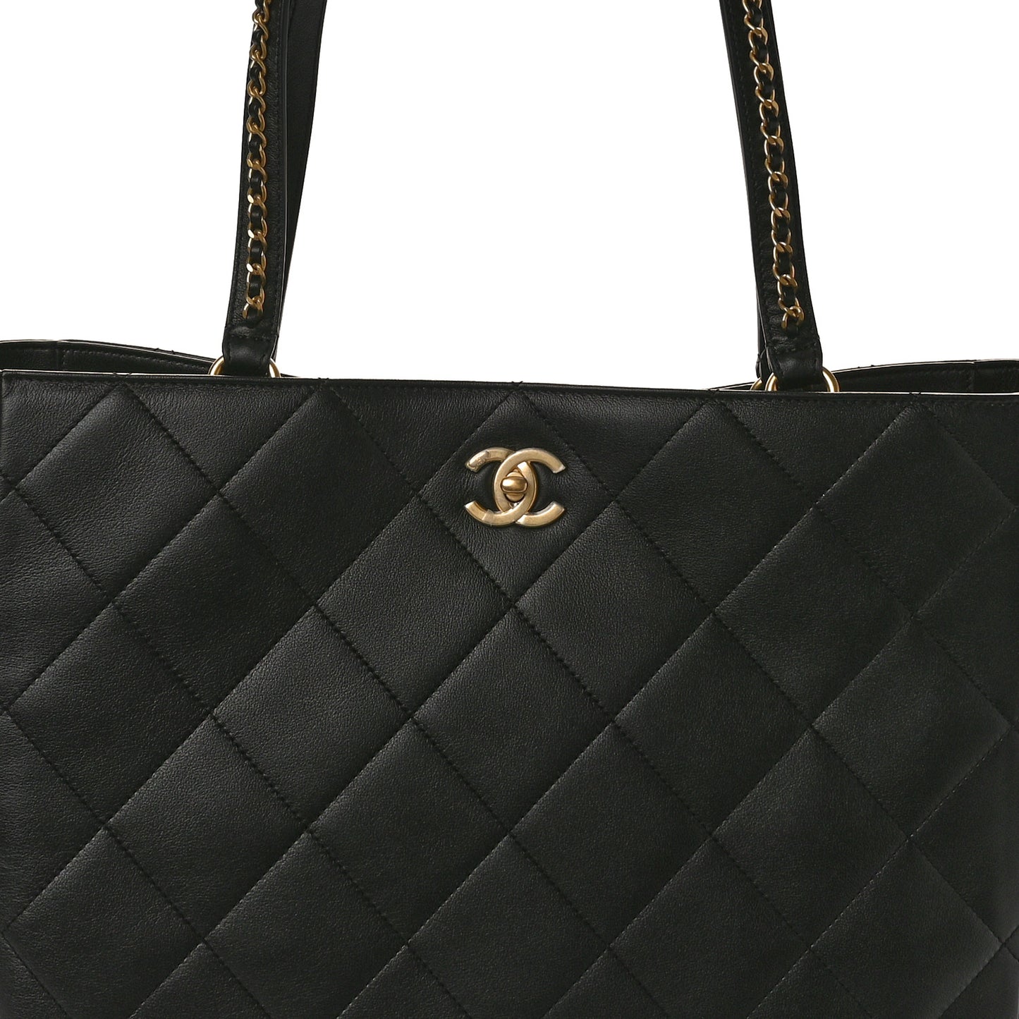 Calfskin Quilted Book Pocket Shopping Tote Black