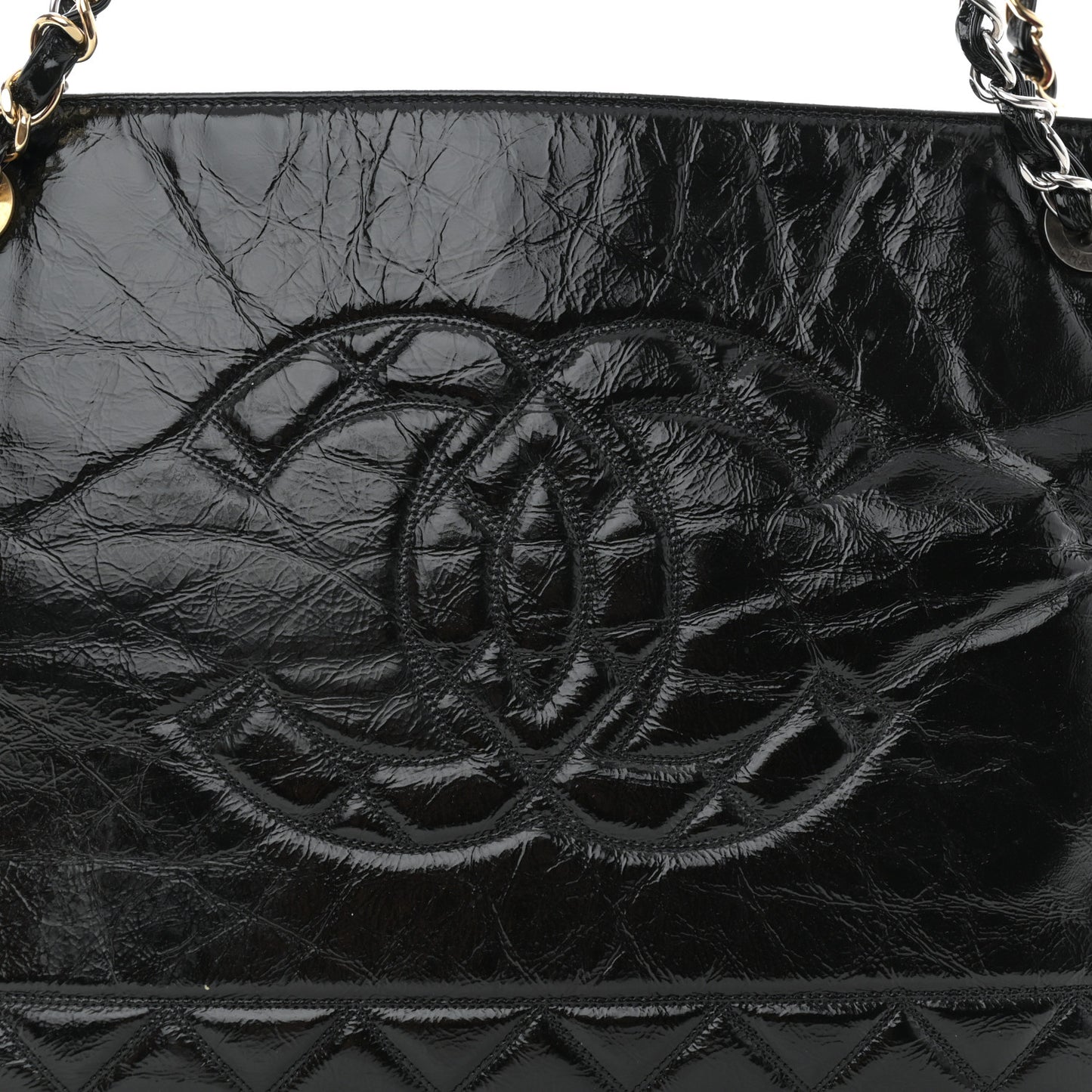 Shiny Aged Calfskin Quilted Small Shopping Bag Black