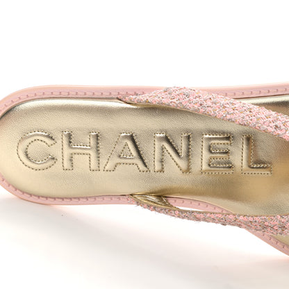 Chanel Tweed Quilted Camellia Thong Sandals 41 Salmon Apricot Gold 7 of 10