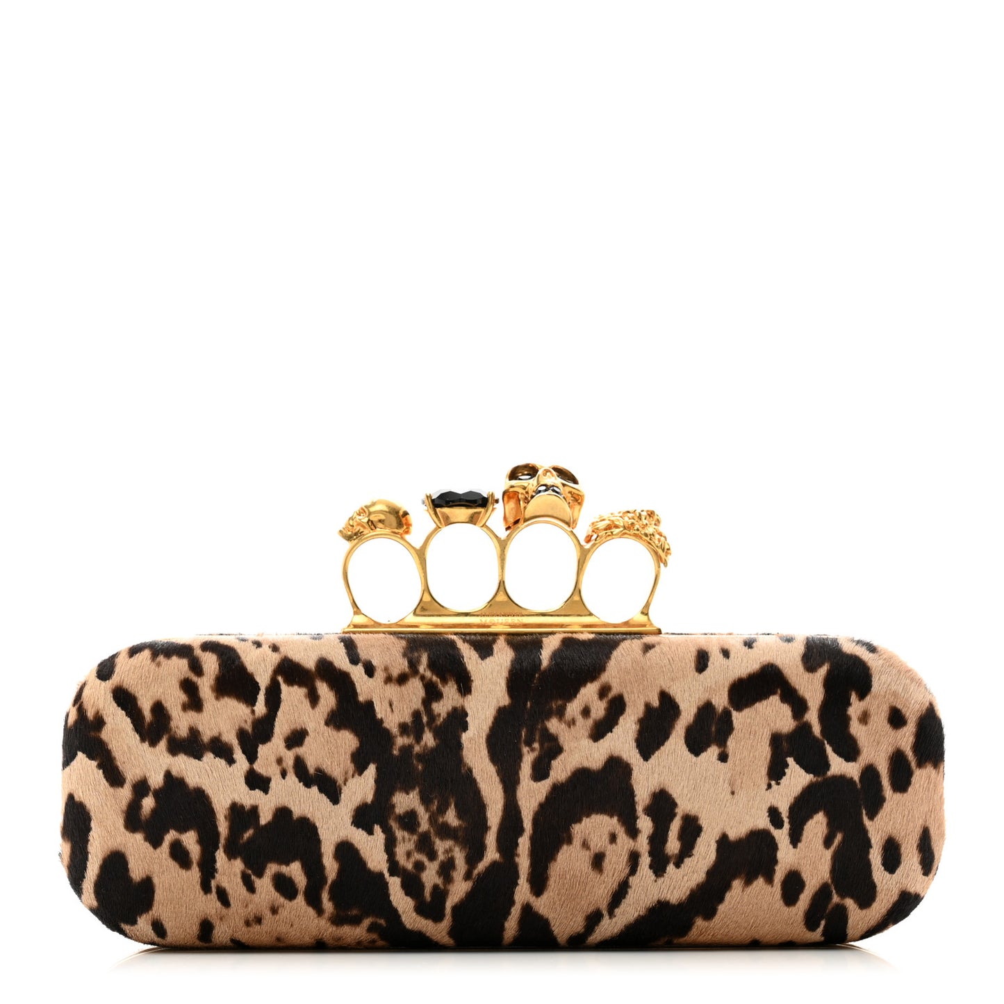 Calf Hair Leopard Print Knuckle Box Clutch Brown Black
