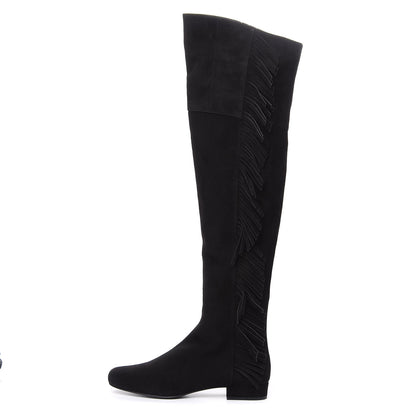 Saint Laurent Suede Goatskin BB 20 Over The Knee Fringed Boots 37.5 Black 1 of 7