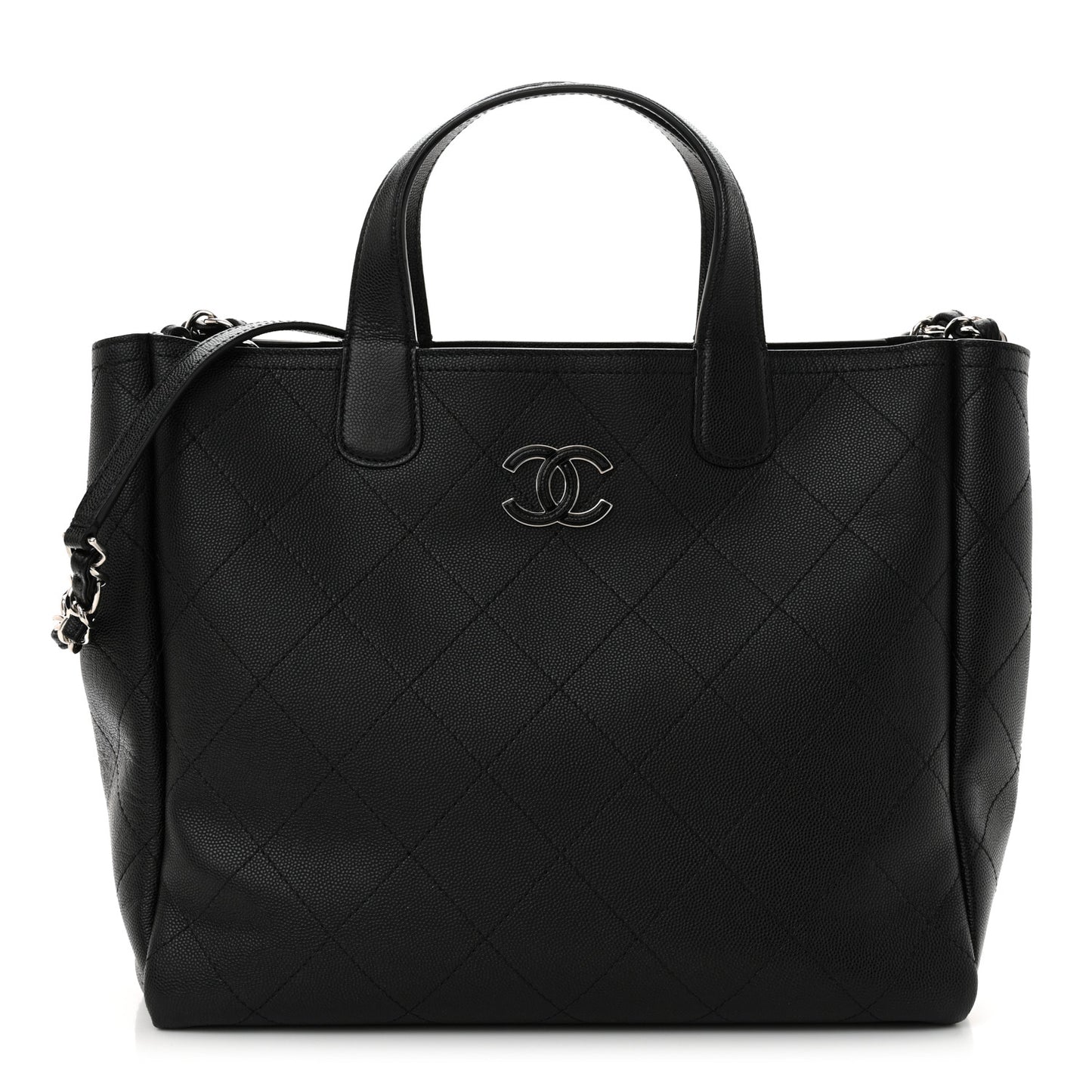 Caviar Stitched Medium Lady Coco Shopping Tote Black