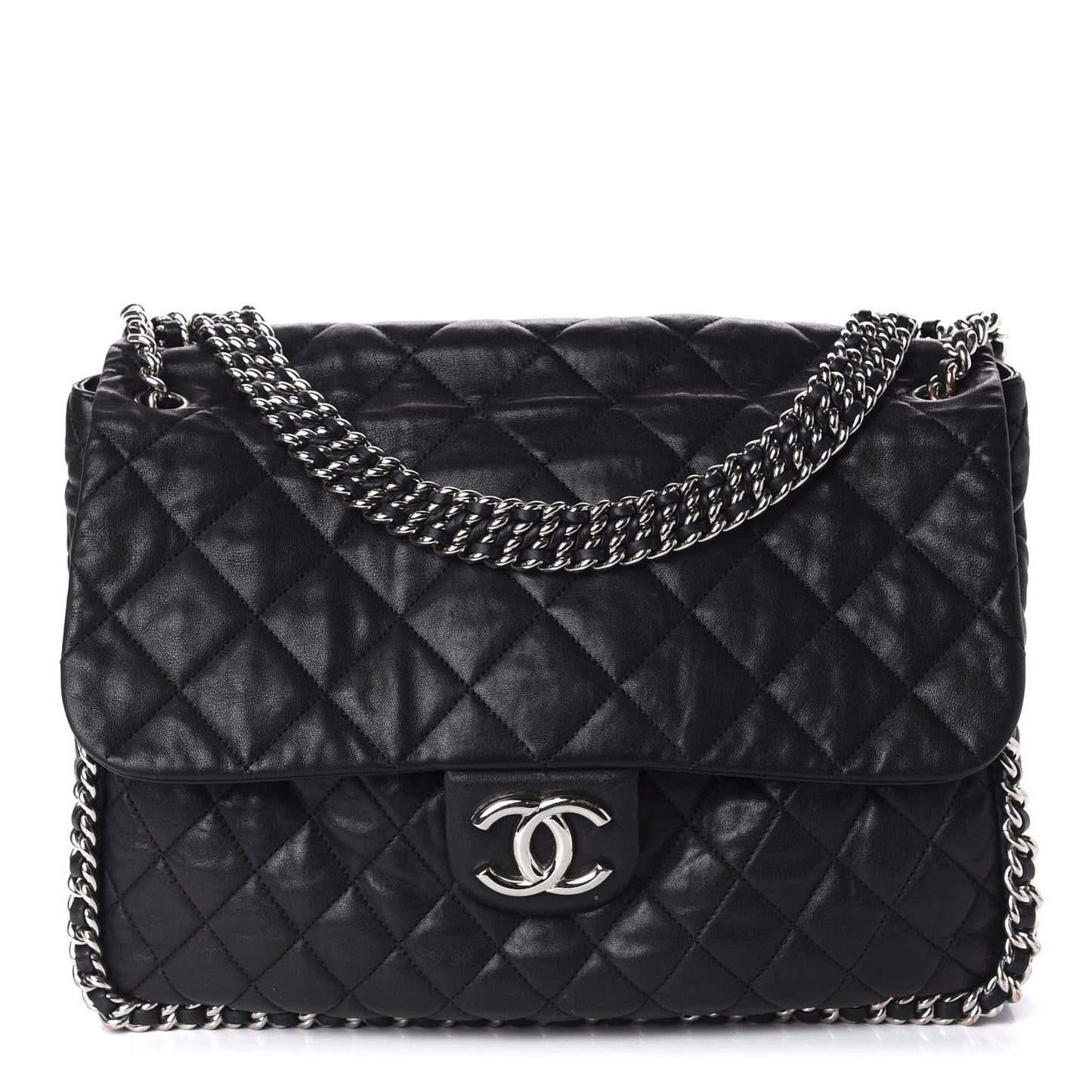Washed Lambskin Quilted Maxi Chain Around Flap Black