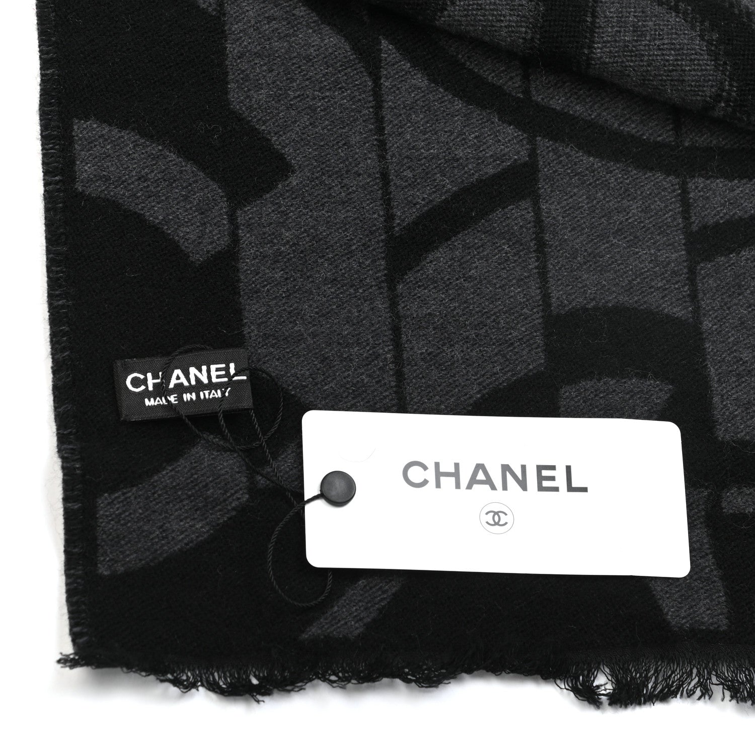 Chanel Wool Silk CC Scarf Grey Black 3 of 4