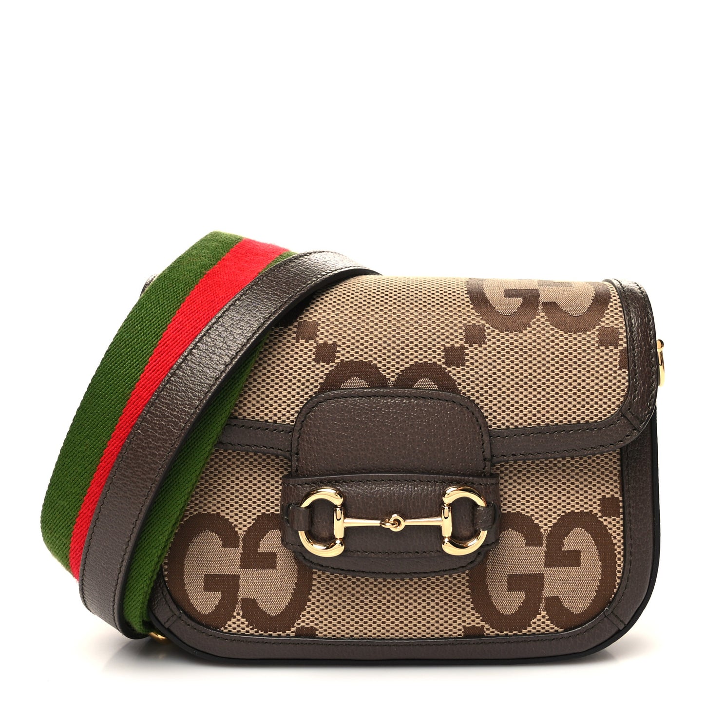 Monogram Jumbo GG Textured Dollar Calfskin Web Mini Horsebit 1955 Shoulder Bag Camel Ebony New Acero