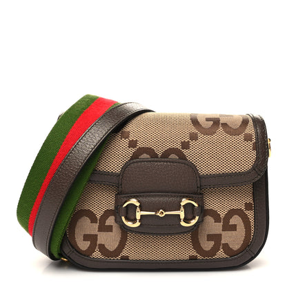 Gucci Monogram Jumbo GG Textured Dollar Calfskin Web Mini Horsebit 1955 Shoulder Bag Camel Ebony New Acero 1 of 10