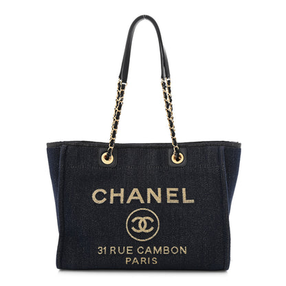 Chanel Lurex Canvas Small Deauville Tote Navy Blue Gold 1 of 12