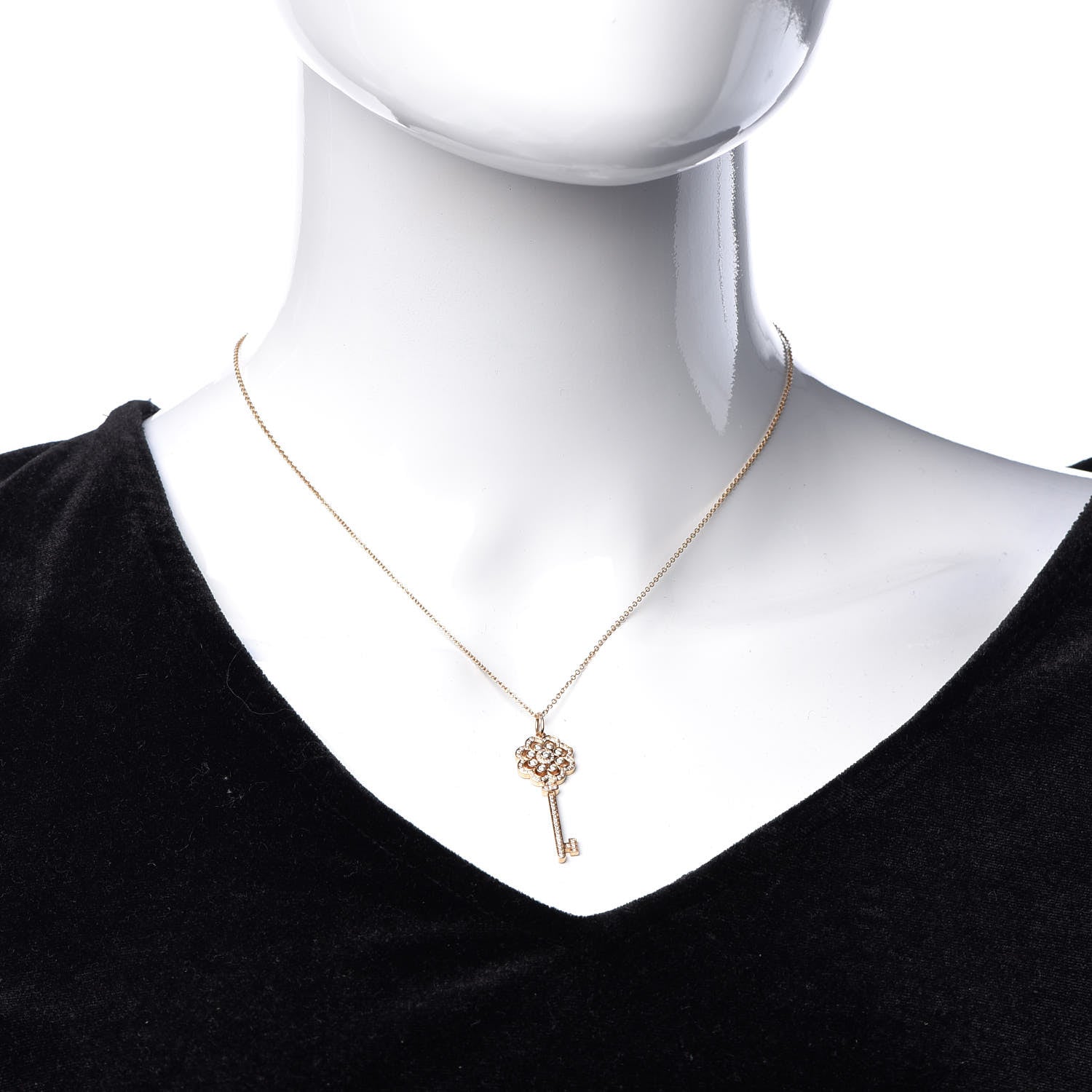 Tiffany 18K Yellow Gold Diamond Rose Key Pendant Necklace 2 of 8