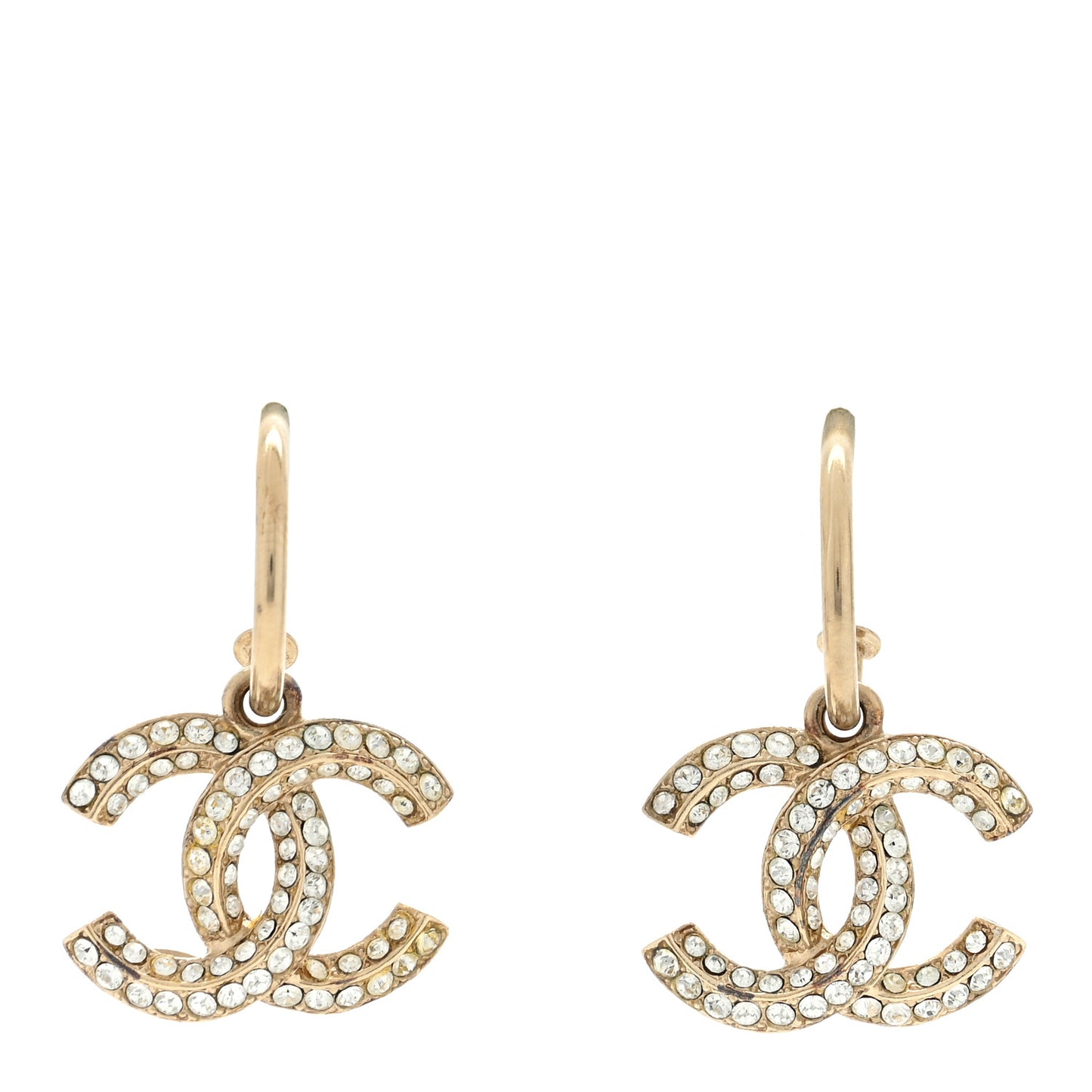 Metal Crystal Studded CC Hoop Drop Earrings Gold