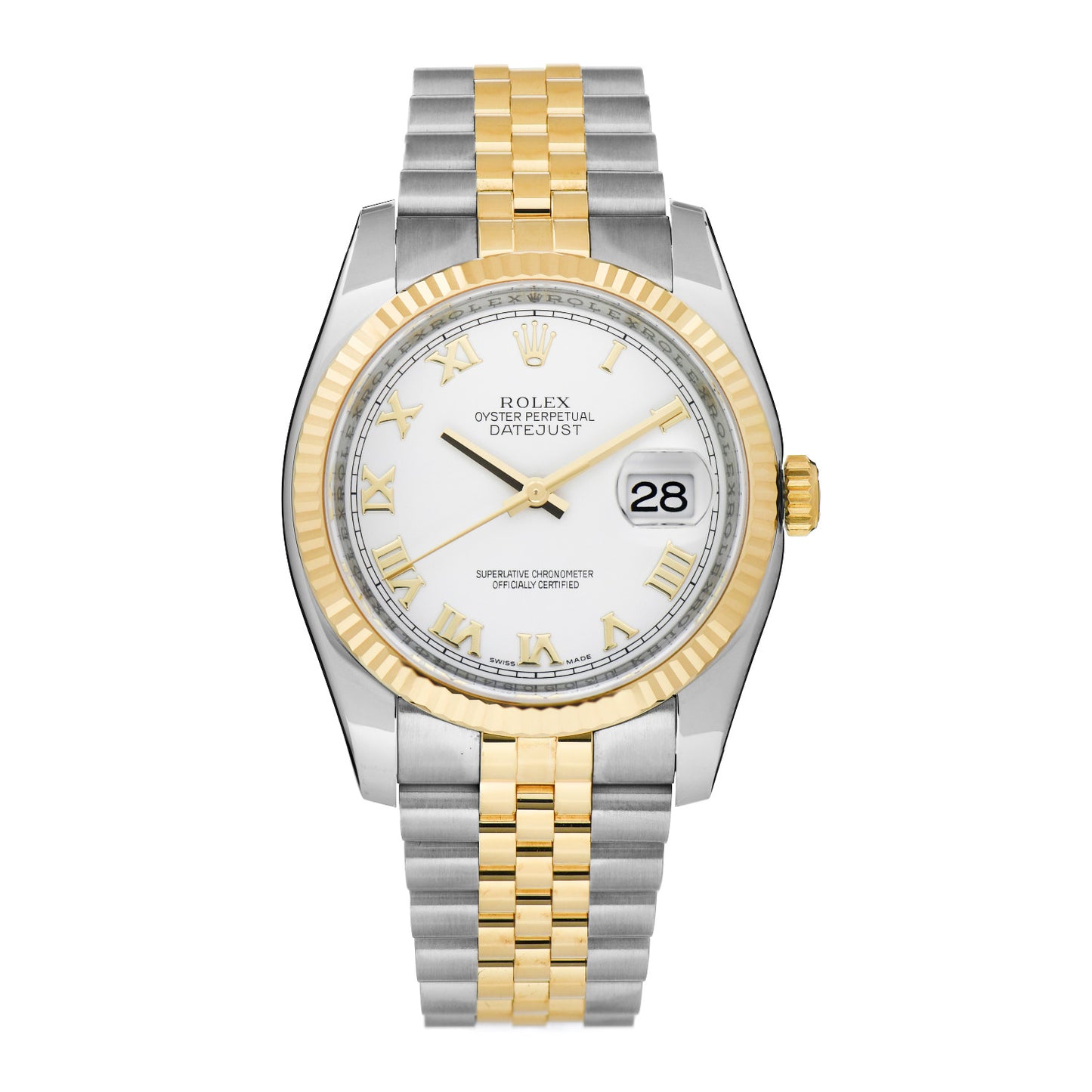 Stainless Steel 18K Yellow Gold 36mm Oyster Perpetual Datejust Watch White Roman 116233