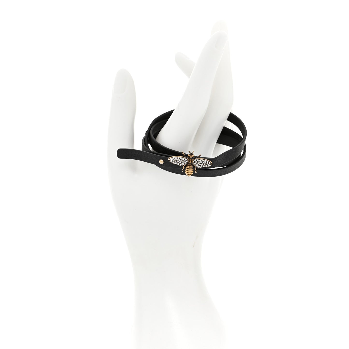 Calfskin Crystal Bee Triple Loop Bracelet Black