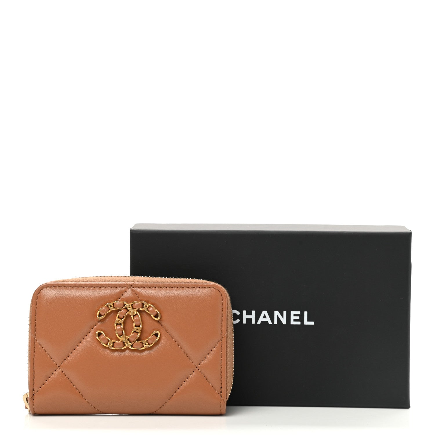 Chanel Lambskin Quilted Chanel 19 Zip Around Coin Purse Wallet Brown 9 of 9