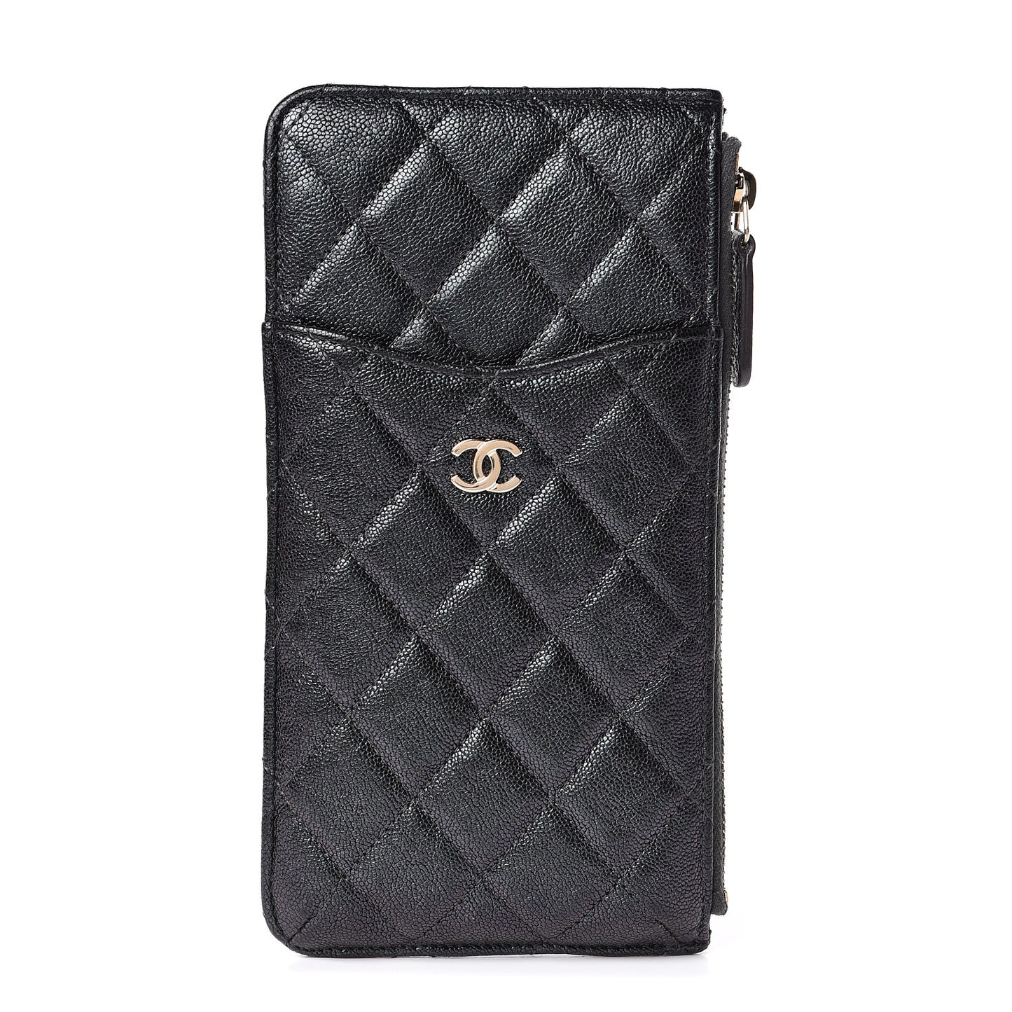 Iridescent Caviar Quilted Classic Flat Wallet Pouch Black