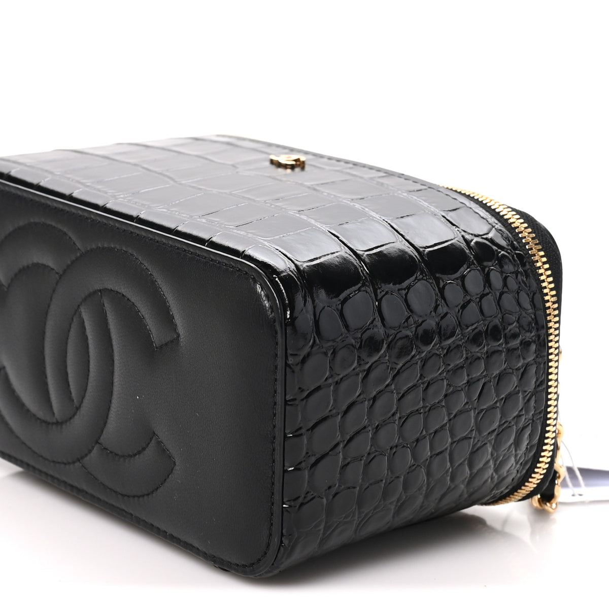 Calfskin Crocodile Embossed Crococo Small Top Handle Vanity Case With Chain Black