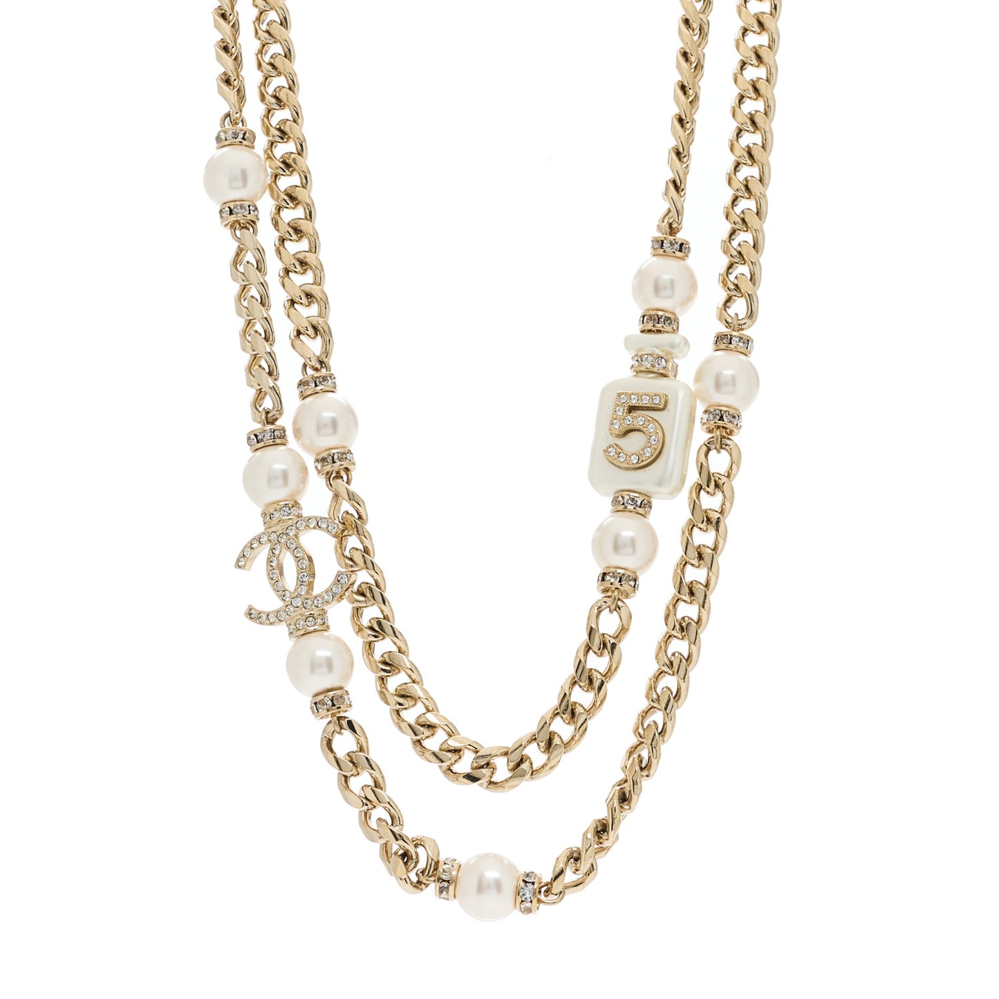 Resin Crystal CC No 5 Perfume Bottle Long Necklace Gold Pearly White