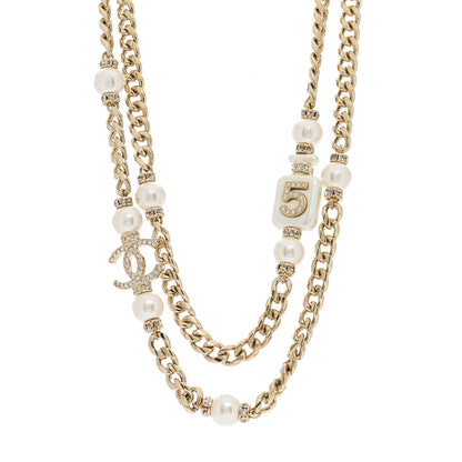 Chanel Resin Crystal CC No 5 Perfume Bottle Long Necklace Gold Pearly White 1 of 5
