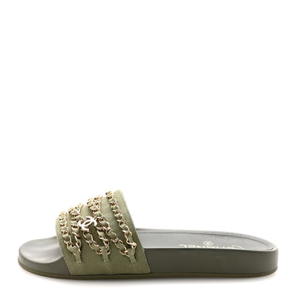 Chanel Canvas Chain Flat Sandals 39 Khaki 1 of 10