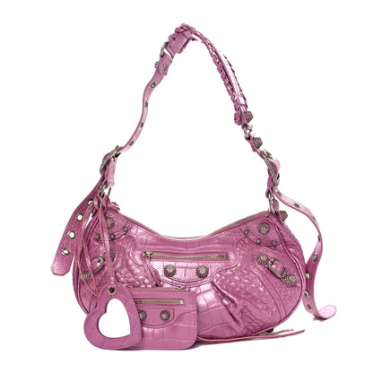 Balenciaga Metallic Extra Supple Calfskin Crystal Crocodile Embossed Small Le Cagole Shoulder Bag Pink 3 of 11