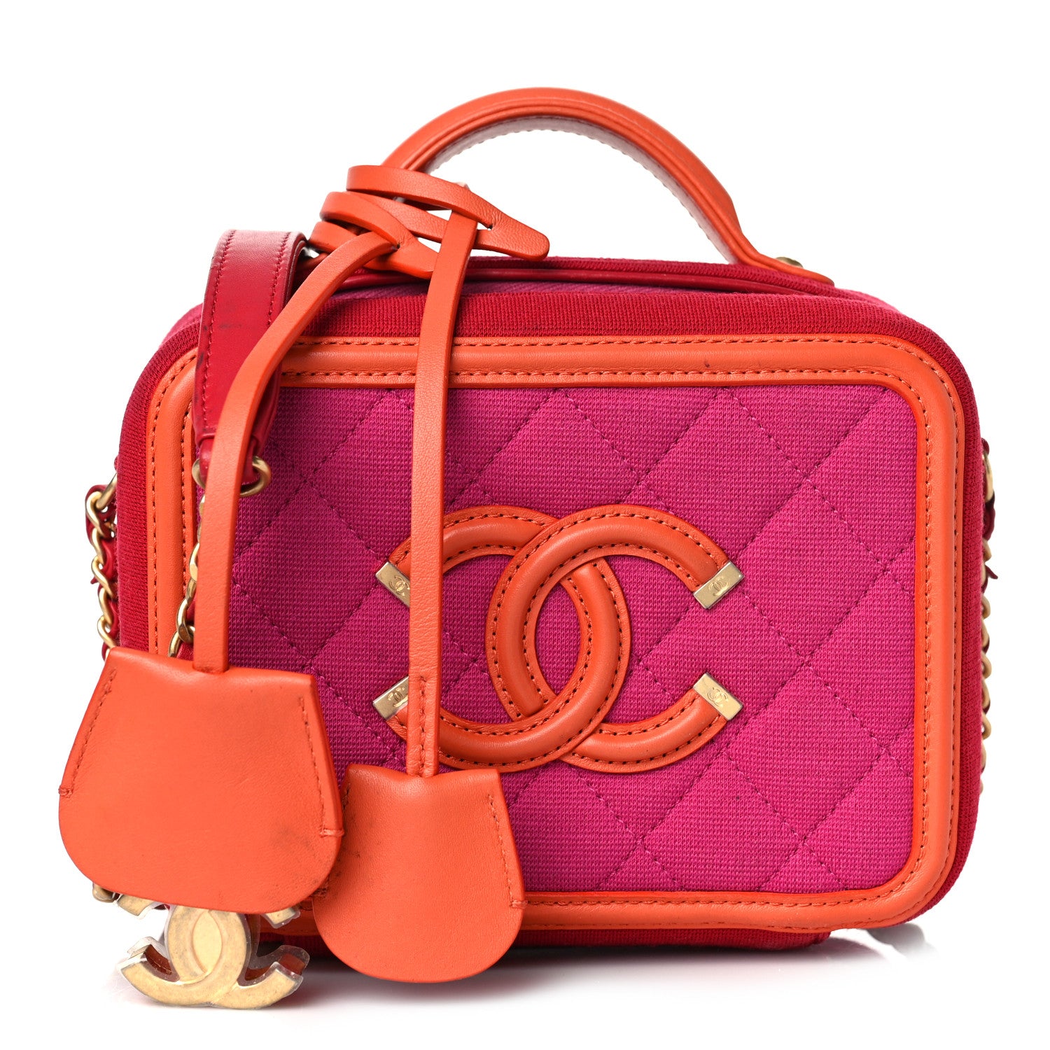 Chanel Jersey Quilted Small CC Filigree Vanity Case Pink Red Orange 1 of 14