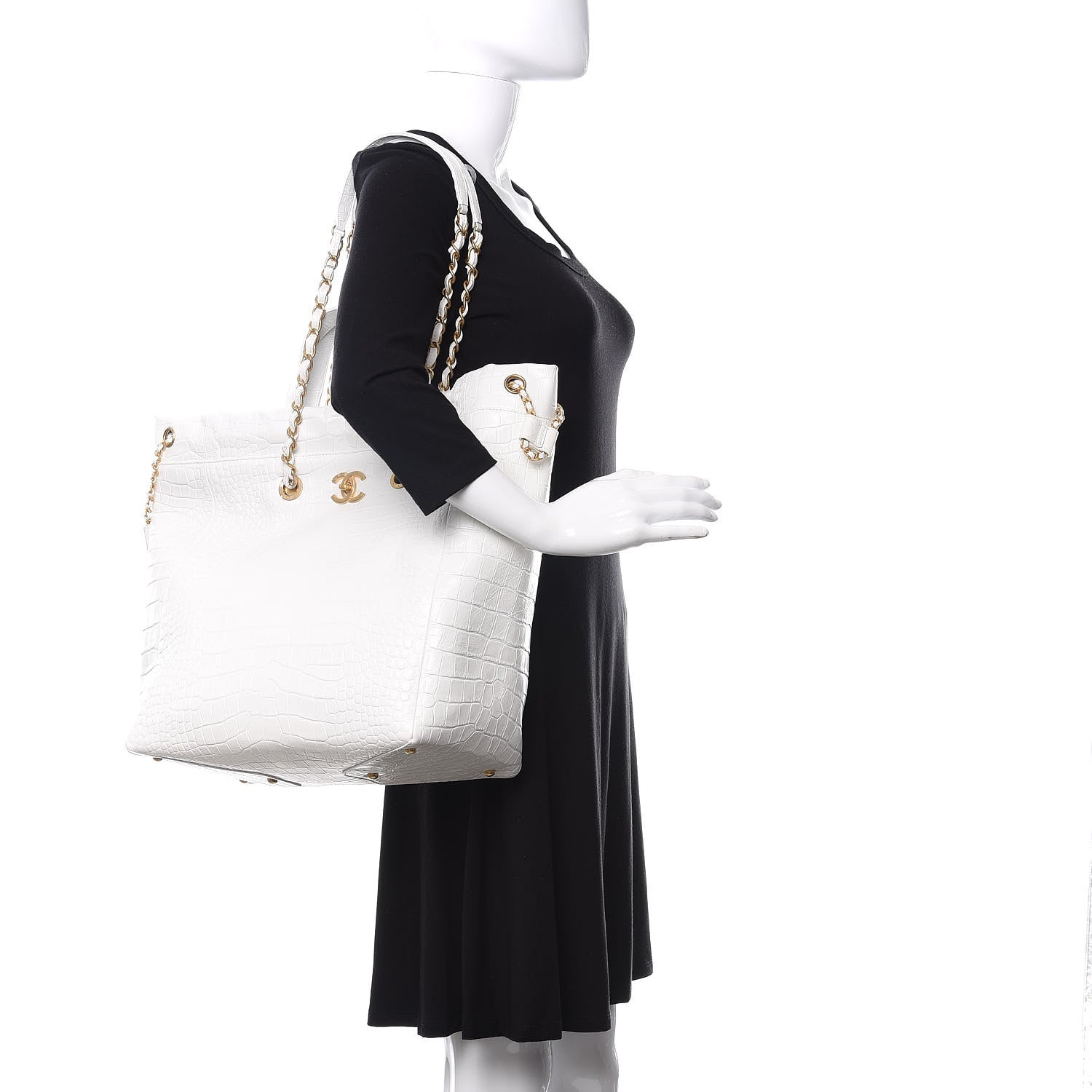 Chanel Calfskin Crocodile Embossed Large Cocodile Shopping Tote White 2 of 9