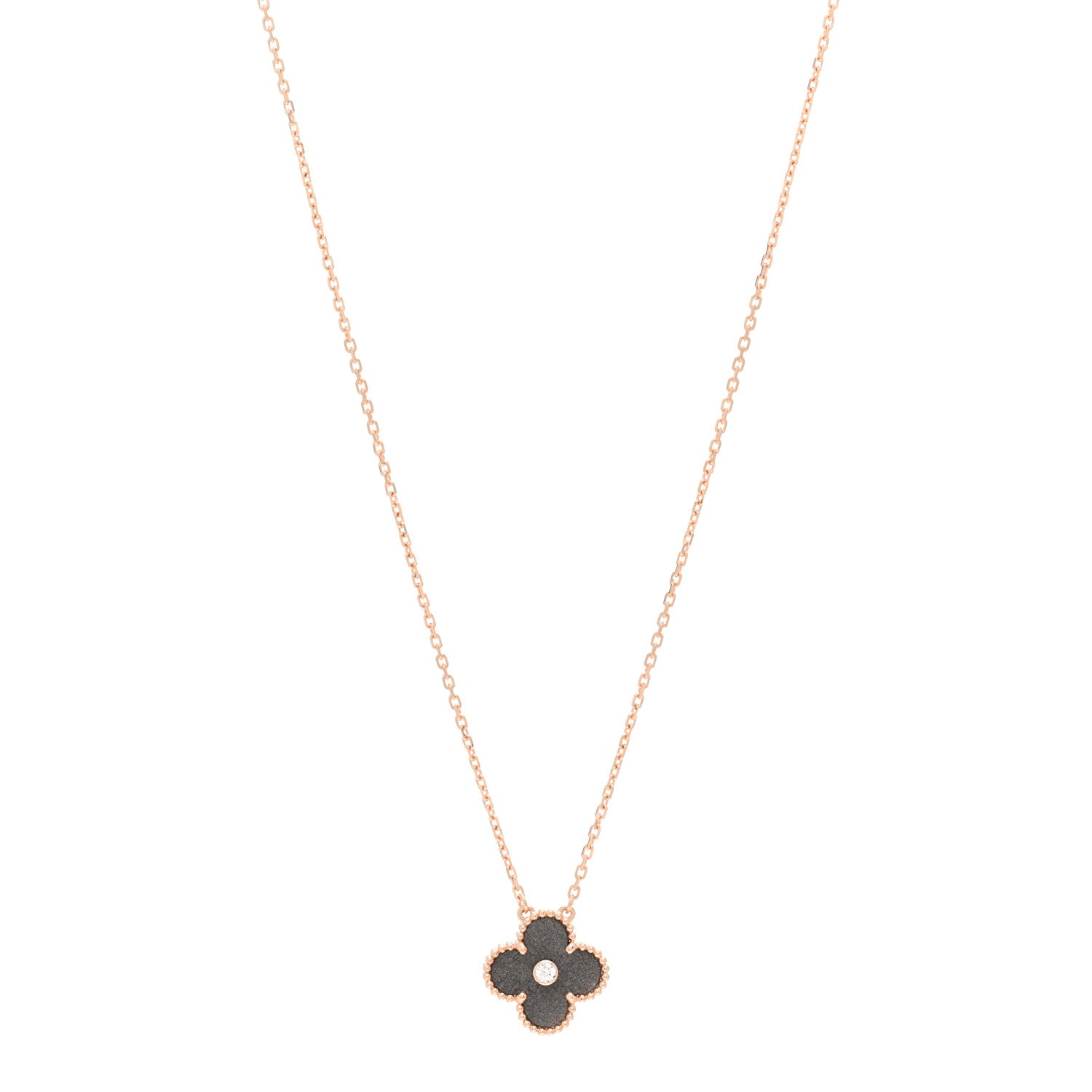 Van Cleef & Arpels 18K Rose Gold Diamond Silver Obsidian Vintage Alhambra Pendant Necklace 1 of 5