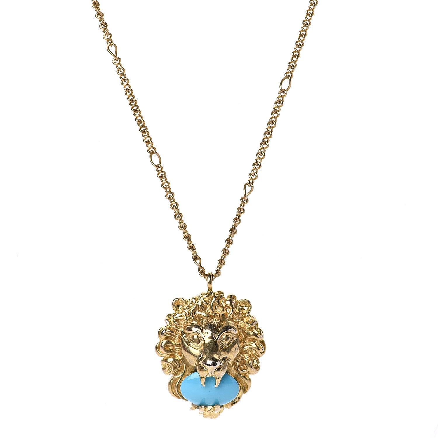 Gucci Metal Brass Swarovski Lion Head Necklace Gold Turquoise 1 of 6