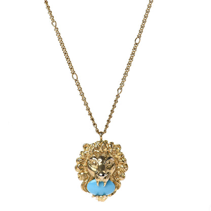 Gucci Metal Brass Swarovski Lion Head Necklace Gold Turquoise 1 of 6