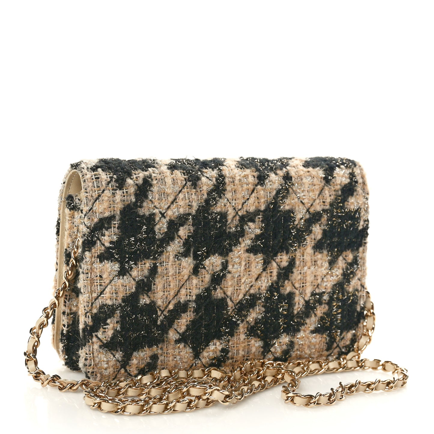 Tweed Shearling Quilted Chanel Wallet On Chain WOC Beige Black