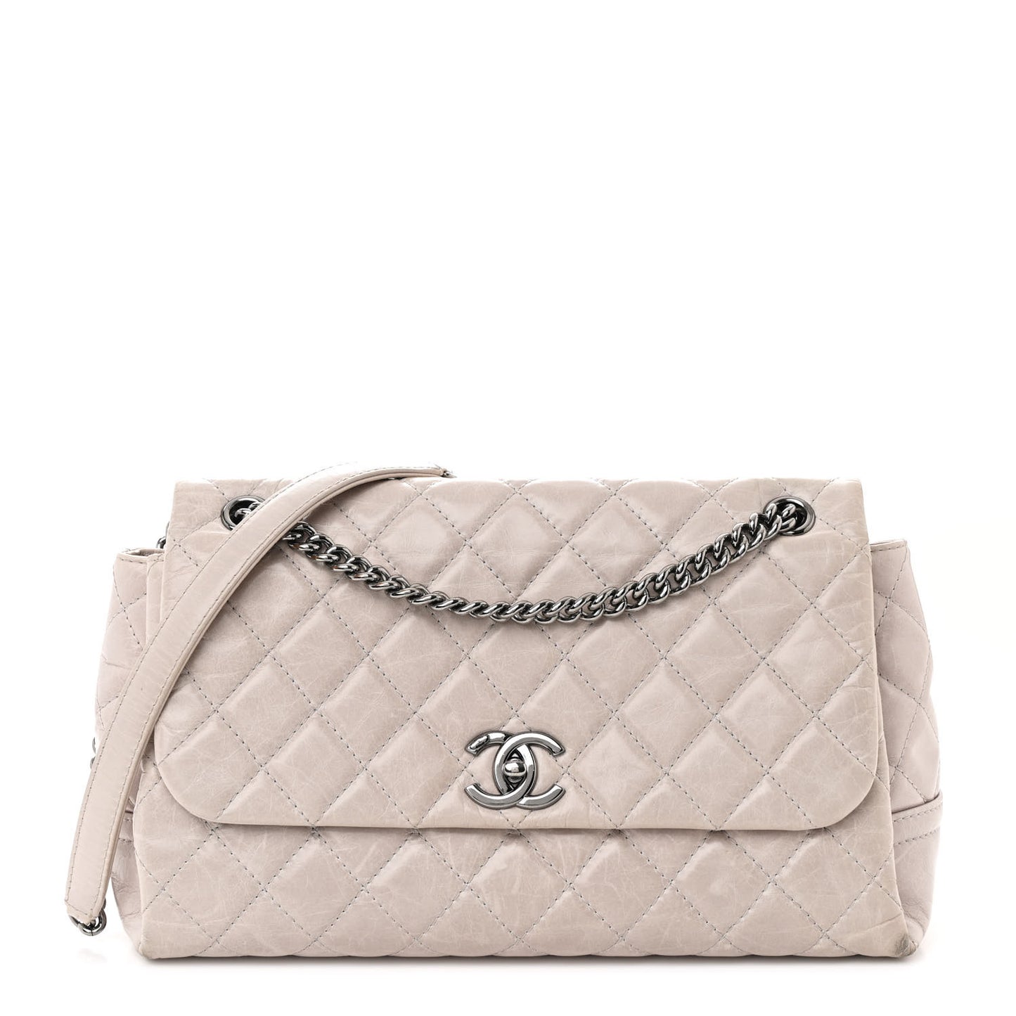 Glazed Calfskin Quilted Medium Lady Pearly Flap Light Beige