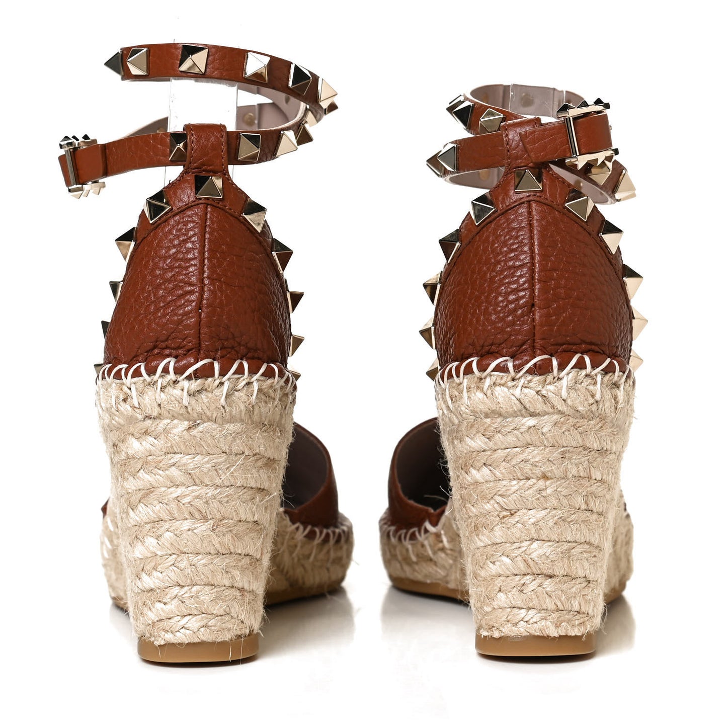 Grained Calfskin Rockstud Ankle Wrap Espadrille 15/85mm Wedges 35 Cuoio