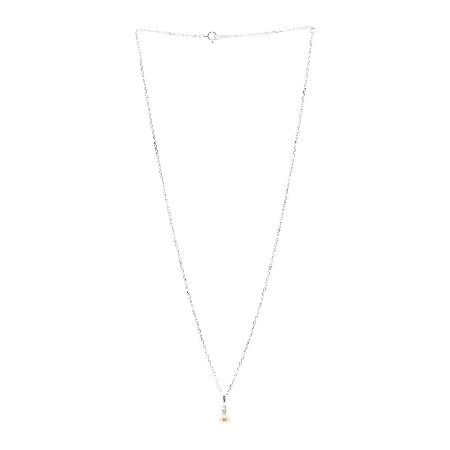 18K White Gold Diamond Akoya Cultured Pearl 6mm Drop Pendant Necklace