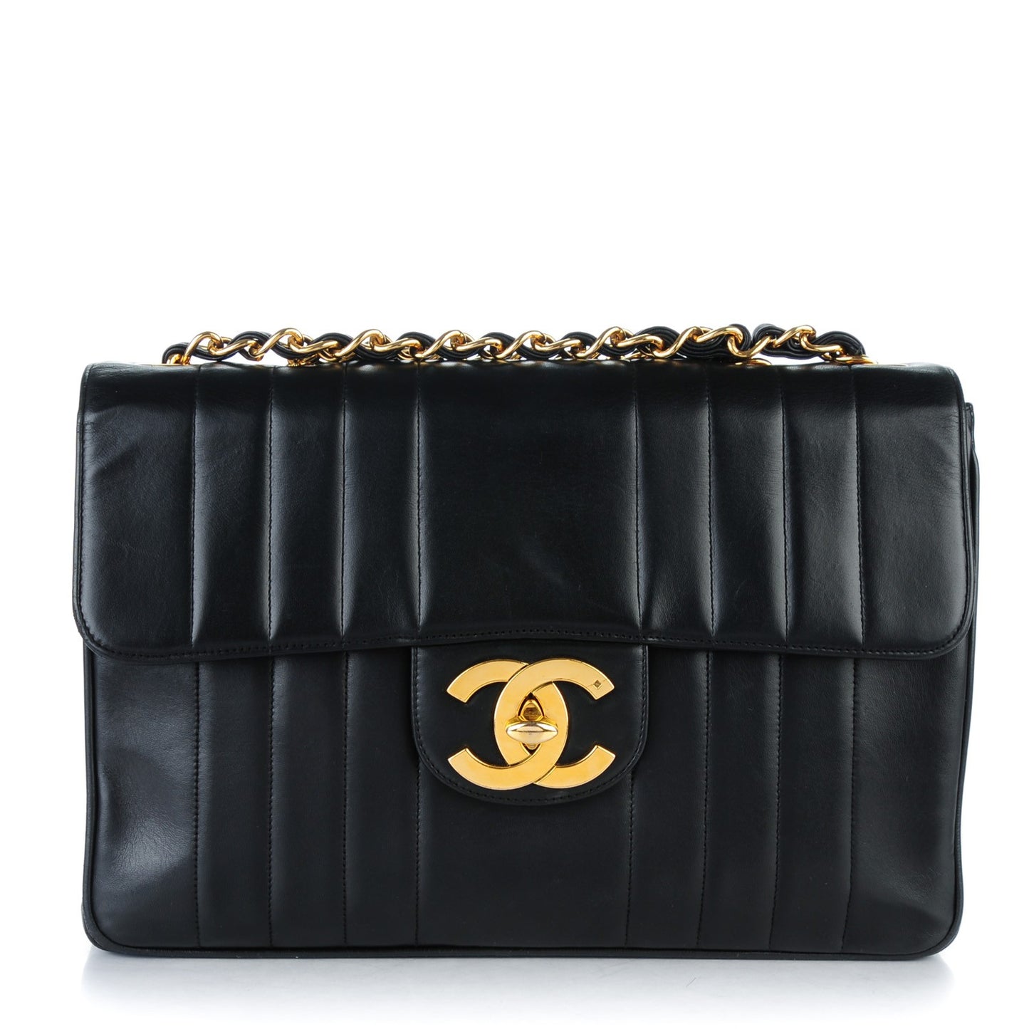 Lambskin Vertical Quilt Jumbo Flap Black