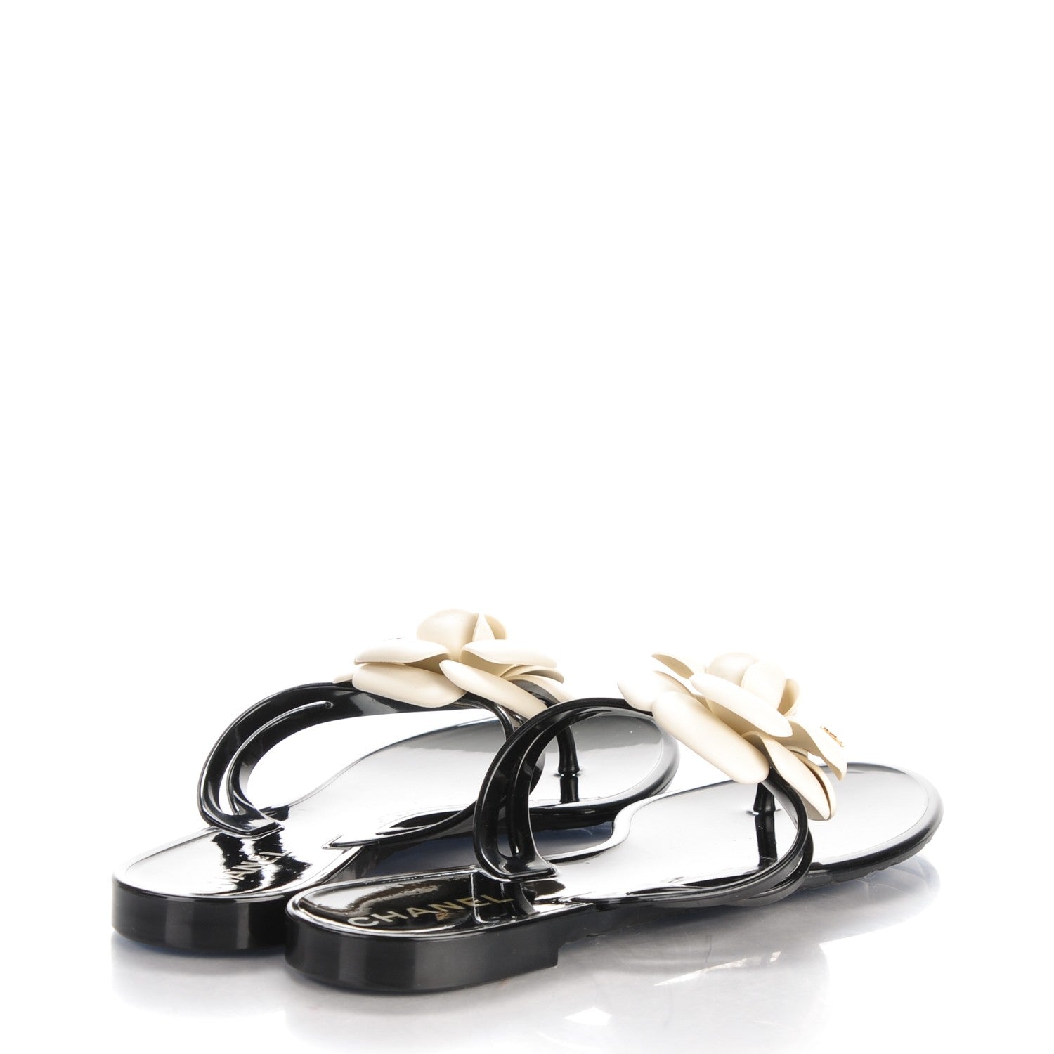 Chanel Jelly Camellia Thong Sandals 37 Black Ivory 4 of 7