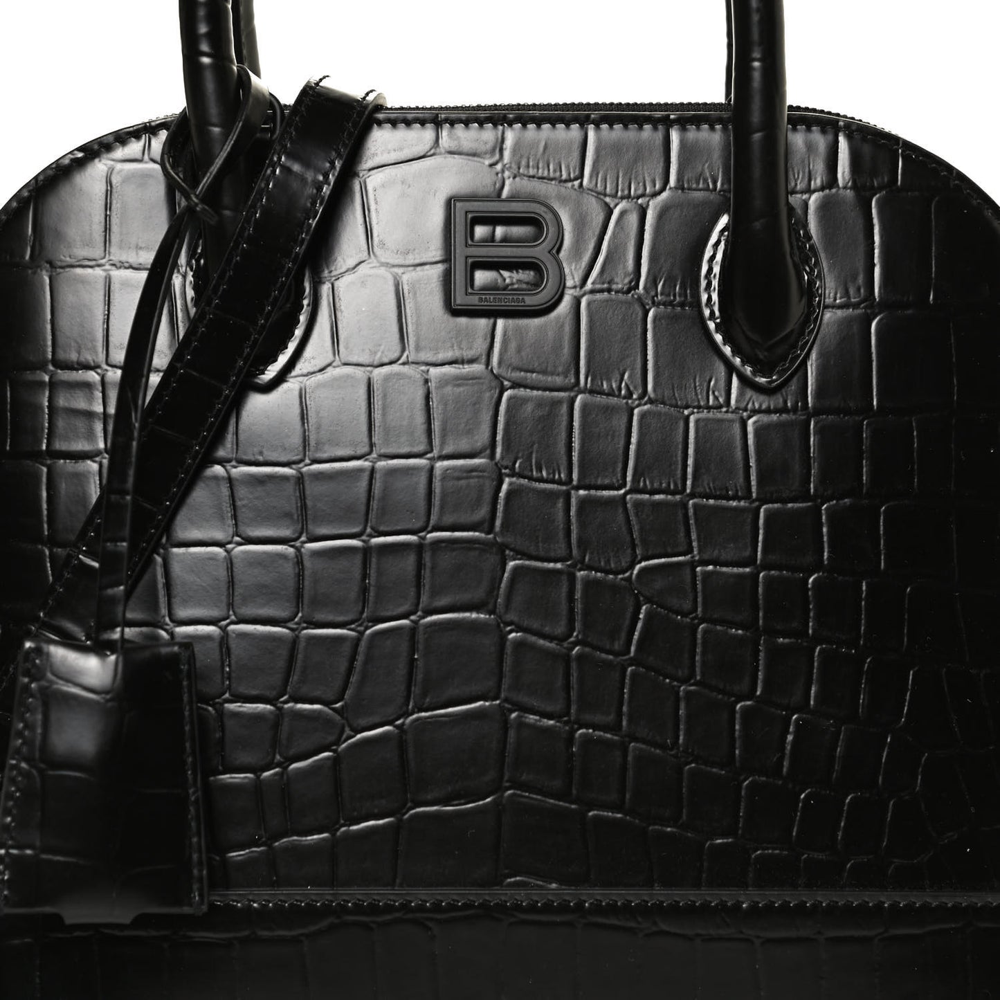 Calfskin Crocodile Embossed S Rivet Ville Top Handle Bag Black