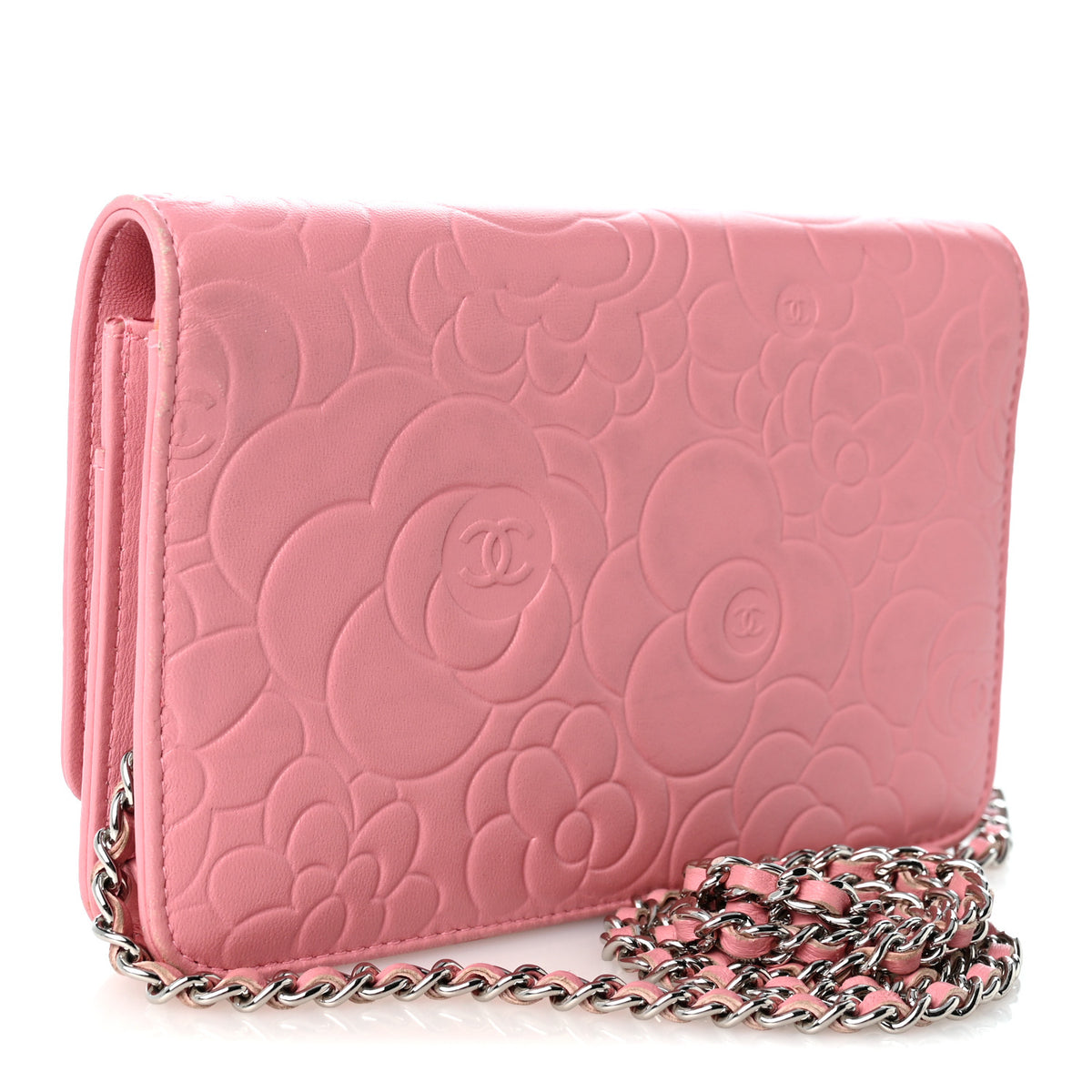 Lambskin Camellia Embossed Wallet on Chain WOC Pink