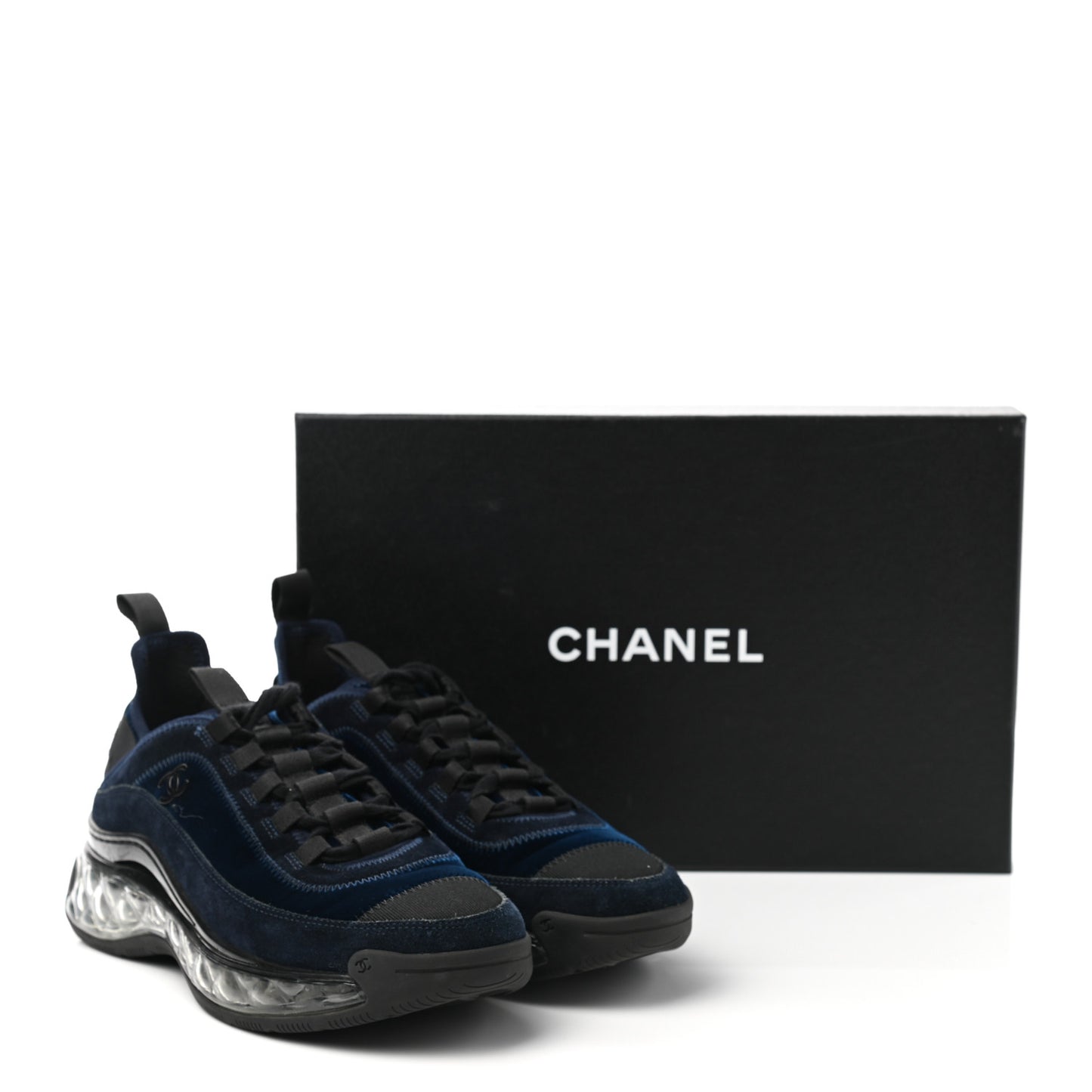 Suede Calfskin Velvet Grosgrain CC Sneakers 37.5 Navy Blue Black