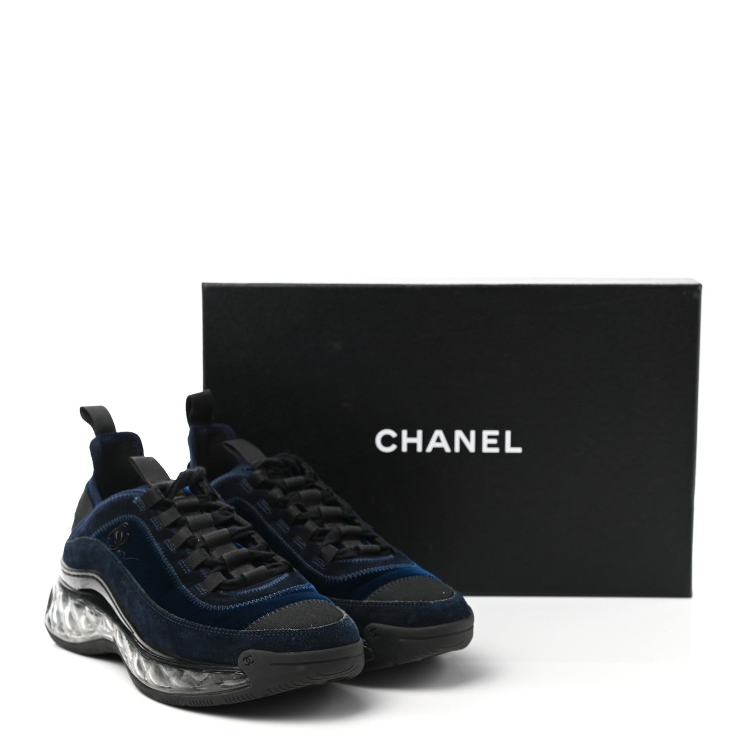 Chanel Suede Calfskin Velvet Grosgrain CC Sneakers 37.5 Navy Blue Black 9 of 9