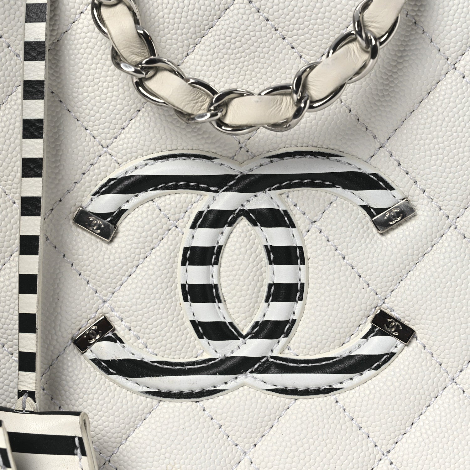 Chanel Caviar Quilted Striped Medium CC Filigree Vanity Case White Black 8 of 13