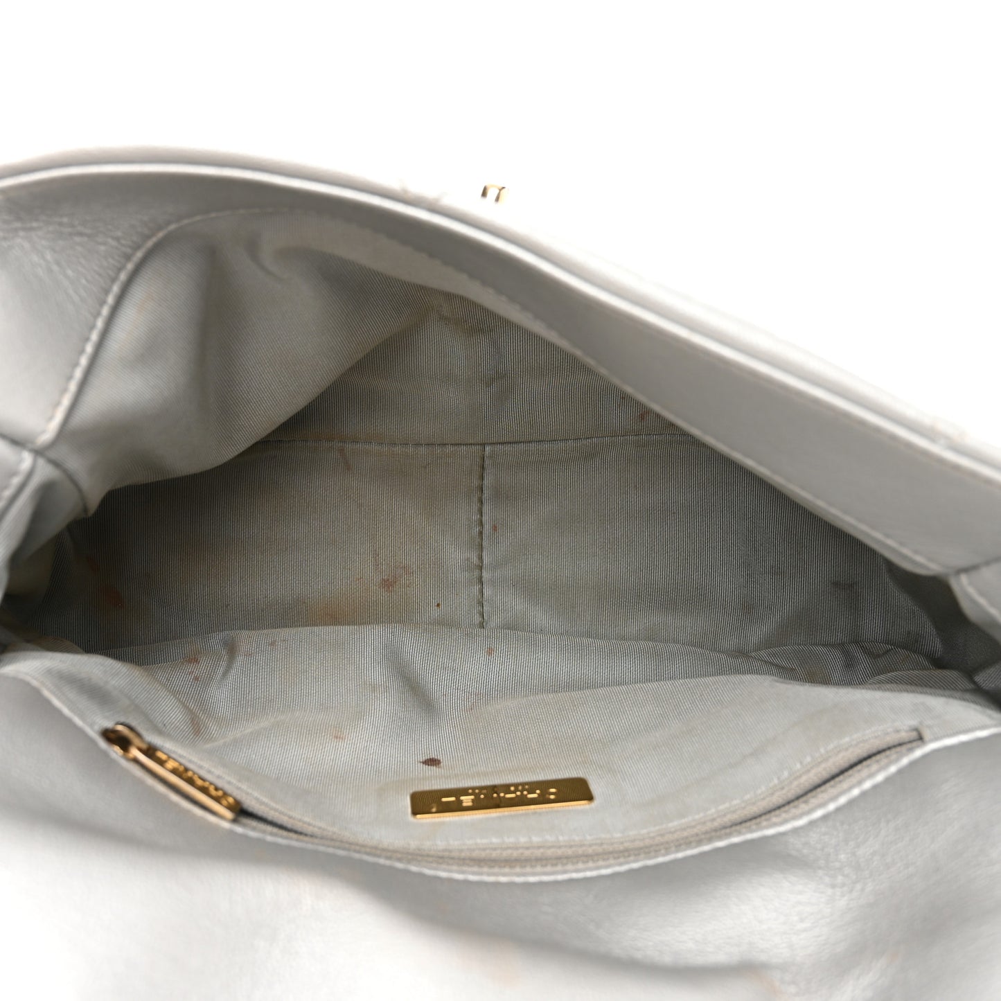 Metallic Goatskin Quilted Large Chanel 19 Flap Silver