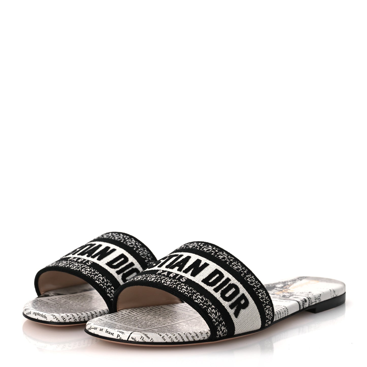 Calfskin Newspaper Printed Embroidered Dway Flat Slide Sandals 40 White